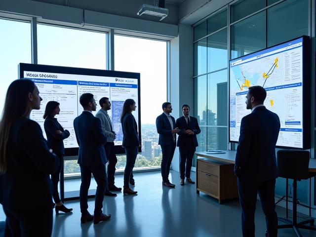 Equipo de Nube Renta trabajando colaborativamente en una oficina moderna, con pantallas mostrando mapas y datos meteorológicos.
