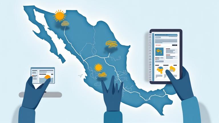 Icono de nube y sol con pronóstico de tormenta sobre un mapa digital, representando asesoramiento de viaje.