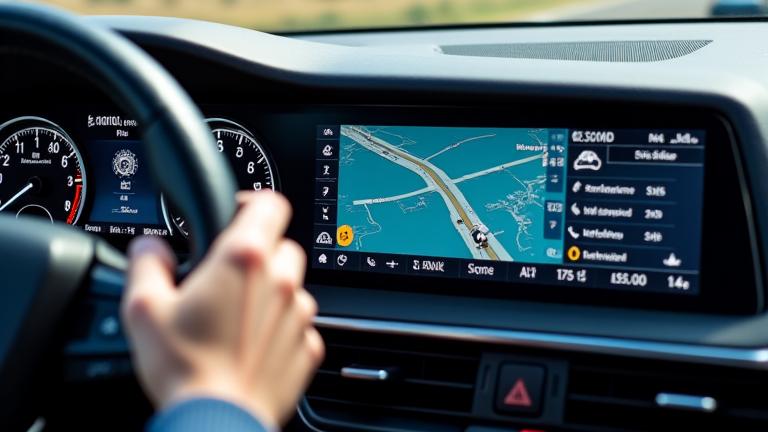 Pantalla de GPS en coche mostrando ruta con alertas de lluvia y un icono de nube, simbolizando tecnología integrada.