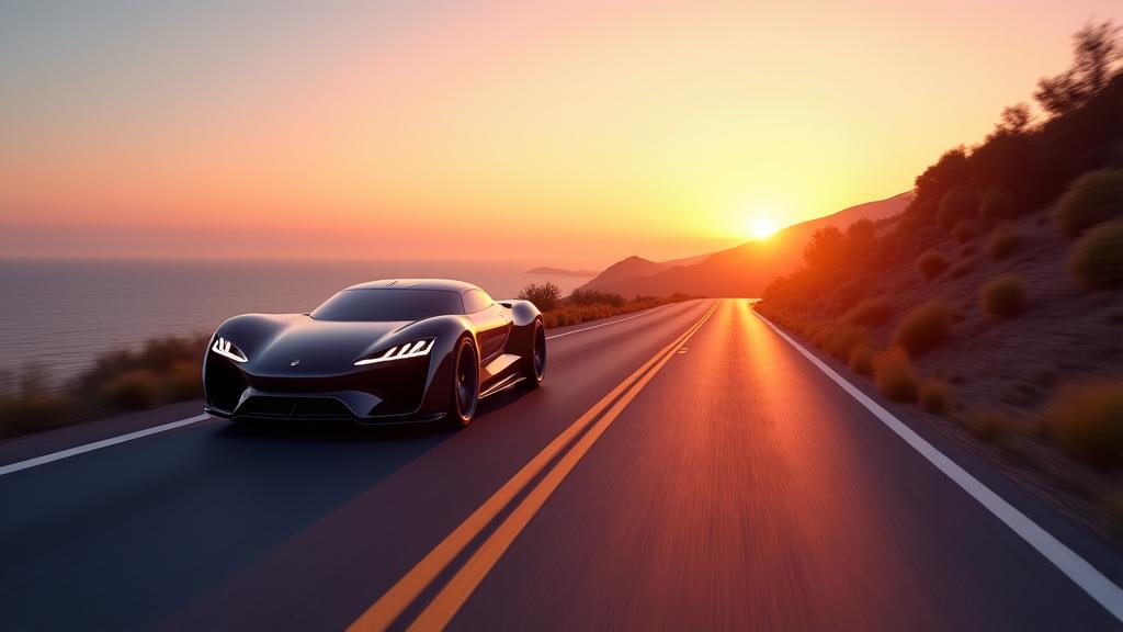 Coche moderno conduciendo por una carretera escénica en México al atardecer, simbolizando seguridad y tecnología.