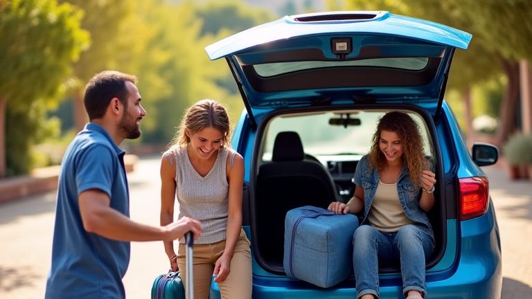 Familia cargando equipaje en un coche de alquiler para un viaje de fin de semana, con la flexibilidad simbolizada