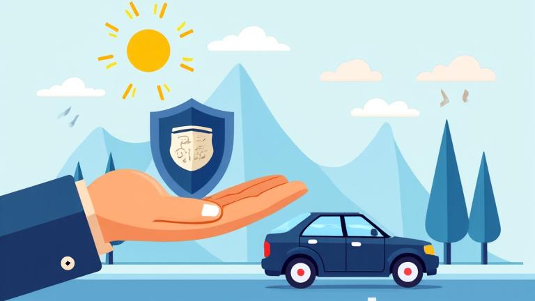 Mano sosteniendo un escudo sobre un coche en carretera, representando seguros personalizados y protección.
